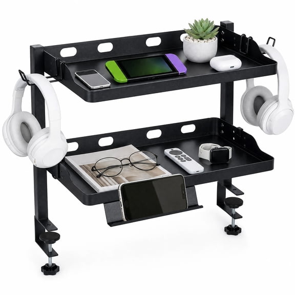 MROOBEST Adjustable Clamp On Desk Shelf-Under Desk Desktop Storage Organizer with Phone