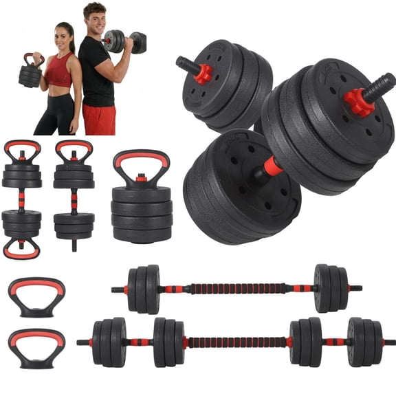 MROOBEST Adjustable Dumbbell Set  Converts to Barbell Kettlebell Push Up Stand  Free 44L Black + red