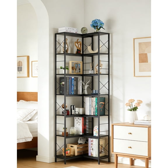 MROOBEST Corner BookshelfH L Shaped Open Bookcase with Metal Frame Freestanding Open 7layer Black
