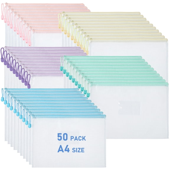 MROOBEST Durable Waterproof Mesh Zipper File Bags A4 Letter Size Document Holders for Indoor Outdoor Use Home Garage Organization 50pcs 33*24cm Macaron 5 colors
