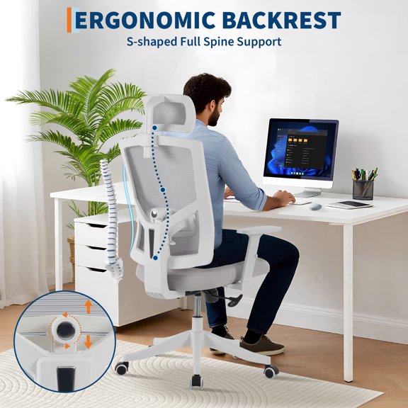 MROOBEST Ergonomic Reclining Office Chair High Back Mesh Desk Chair with HeightAngle Adjustable Design White Gray