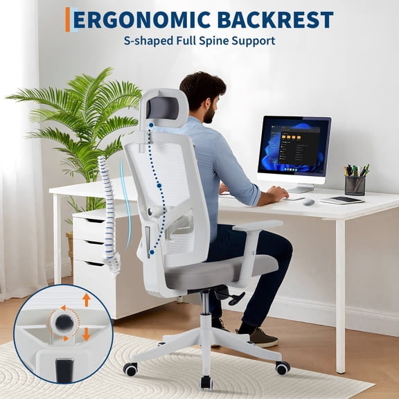 MROOBEST Ergonomic Reclining Office Chair High Back Mesh Desk Chair with HeightAngle Adjustable Design White