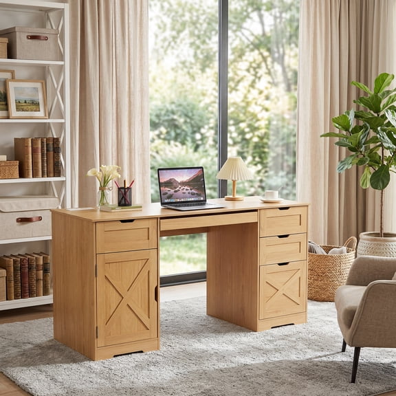 MROOBEST Farmhouse Executive Office Desk-Storage Drawers Charging Station Keyboard Natural Wood