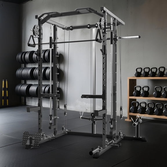 MROOBEST Heavy Duty Multifunctional Power Cage Smith Machine Squat Rack – Full Body Strength All Black