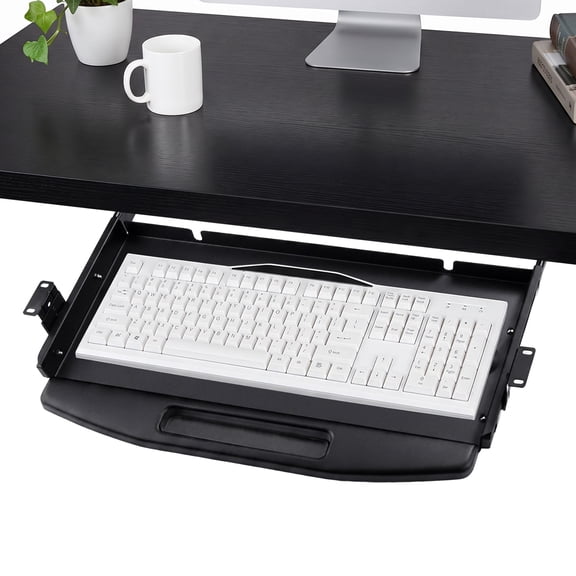 MROOBEST Heavy Duty Under Desk Keyboard Tray-Gray Metal Pull Out Drawer Slide Out Holder for Indoor Outdoor Use Home Garage Organization Black