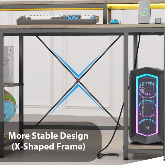 MROOBEST Modern Computer Desk with LED Light Power Outlets Storage Shelves Monitor Stand Gray Oak