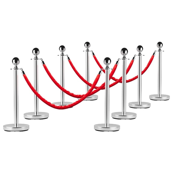 MROOBEST Stainless Steel Stanchion Post Queue 5 ft Red Velvet Rope Red Carpet Ropes and Poles Crowd Control Barriers Sand Injection Hollow Base and Velvet Ropes Set for Party Supplies 8 PCS
