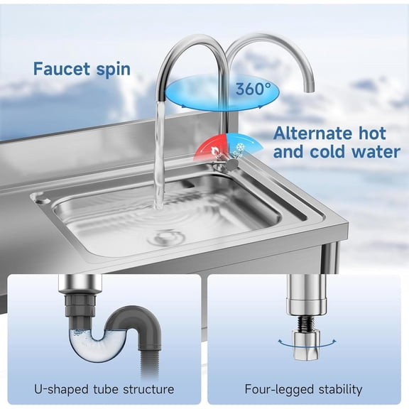 MROOBEST Stainless Steel Utility Sink With Pull-Out Faucet Single Bowl Commercial Kitchen Sink Heavy Duty Drop-In Laundry Tub With Adjustable Feet & Wall Bracket Backsplash