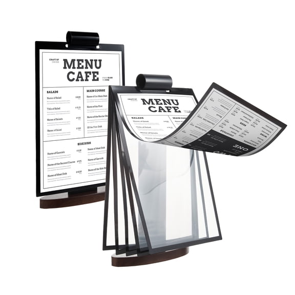 MROOBEST Superior Clear Acrylic Menu Sign Holder-A4 Vertical Tabletop Display Stand with Walnut 2pcs Black