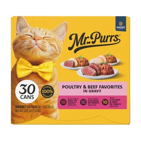 Mr Purrs Grilled Poultry & Beef Favorites in Gravy, Variety Pack, Wet Cat Food, 3 oz Can (30 Pack)