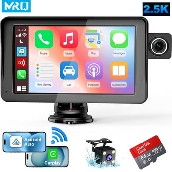 MRQ 7" Portable Wireless Apple Carplay & Android Auto,2.5K Dash Cam,1080p Backup Camera, Car Audio Receivers GPS Navigation Mirror Link, Bluetooth,FM, Siri