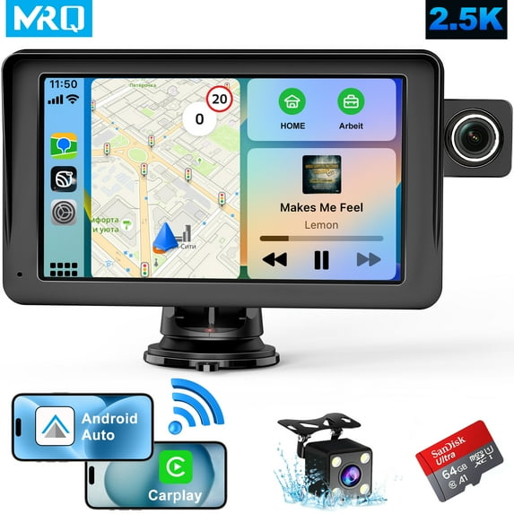 MRQ 9" Portable Wireless Apple Carplay & Android Auto,2.5K Dash Cam,1080p Backup Camera, Car Audio Receivers GPS Navigation Mirror Link, Bluetooth,FM, Siri