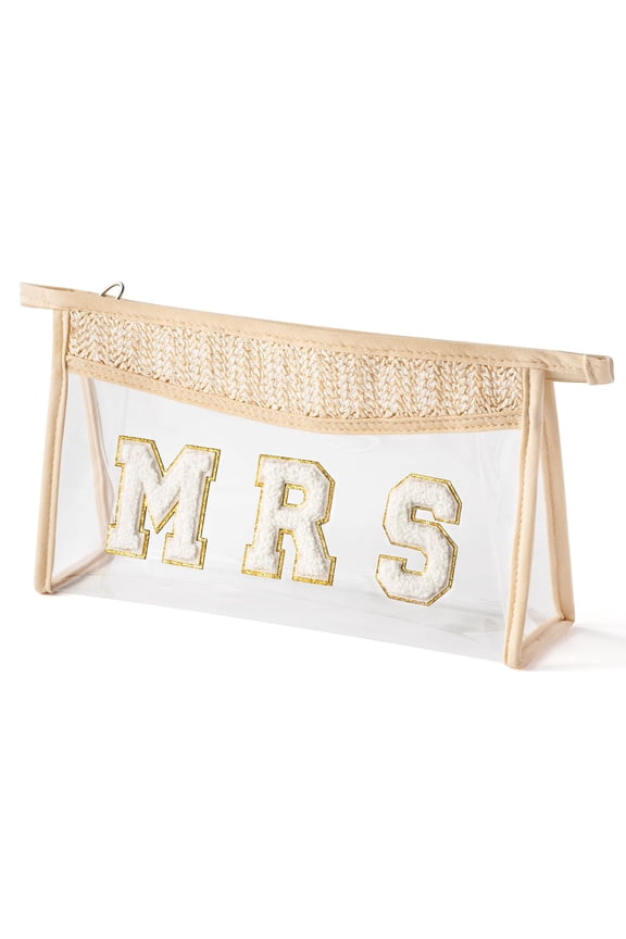 MRS Large Capacity Storage Bag Toiletry Bag for Beach Travel Essentials, Zipper Makeup Bag Patch Letter Bag Straw Triangle Bag, Beige
