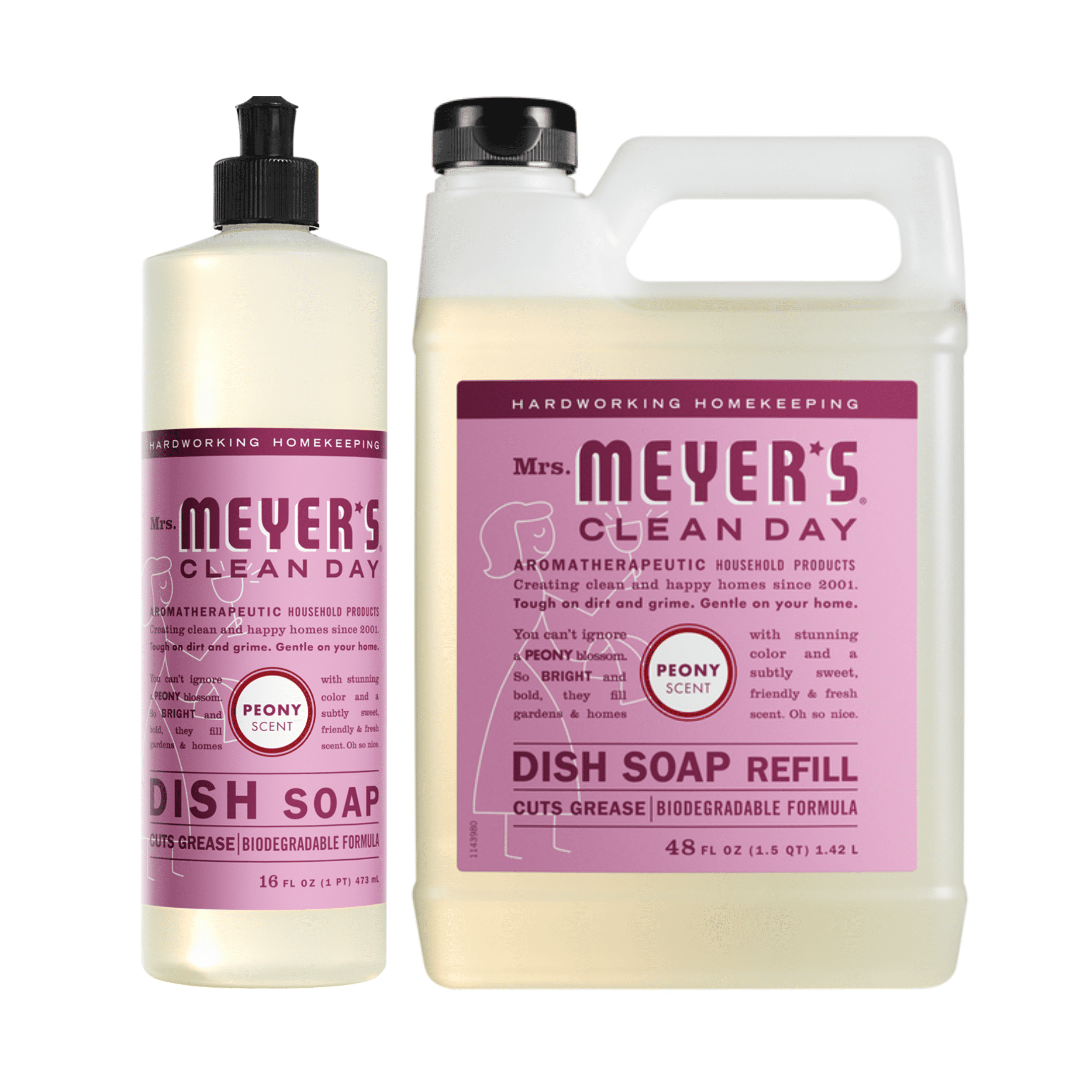 MRS. MEYER'S CLEAN DAY Dish Soap Refill Peony Scent, Set Includes 48 oz. Refill and 16 oz. Bottle - Bundle of 2 Items
