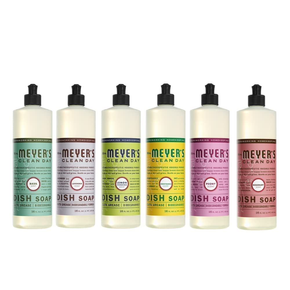 MRS. MEYER'S CLEAN DAY Dish Soap Variety Pack, 16 Oz. Includes 6 Scents Lemon Verbena, Lavender, Basil, Rosemary, Honeysuckle, Peony Scents Bundle of 6 Items