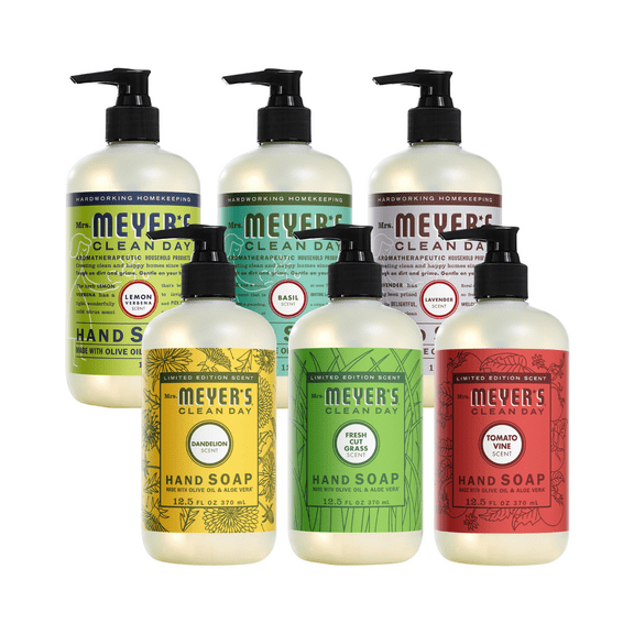 MRS. MEYER'S CLEAN DAY Liquid Hand Soap Summer Scents, Tomato Vine, Dandelion, Fresh Cut Grass, Lemon Verbena, Lavender, Basil, 12.5 fl oz Each, 6 CT (Variety Pack)