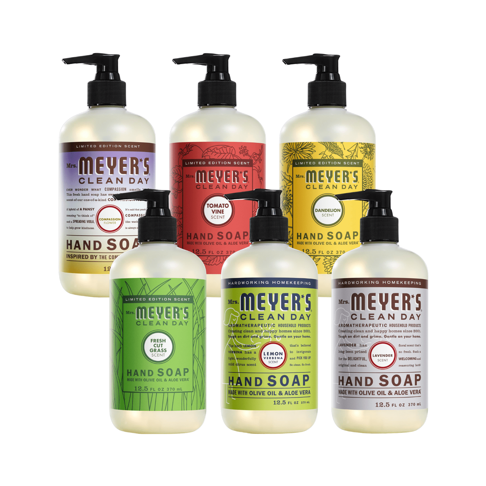 MRS. MEYER'S CLEAN DAY Liquid Hand Soap Variety Pack, Tomato Vine, Dandelion, Fresh Cut Grass, Lemon Verbena, 1 Lavender, 1 Compassion Flower, 12.5 fl oz Each, 1 CT