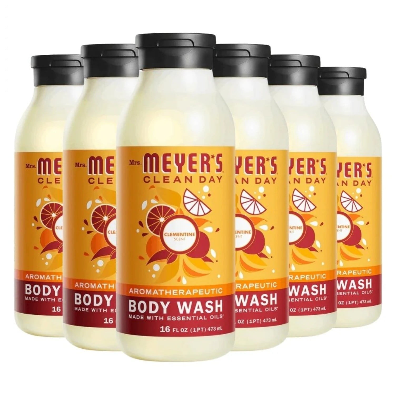 MRS. MEYER'S CLEAN DAY Moisturizing Body Wash for Women and Men, Biodegradable Shower Gel Formula Made with Essential Oils, Clementine, 16 oz - Pack of 6