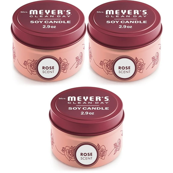 MRS. MEYER'S CLEAN DAY Soy Tin Candle, 12 Hour Burn Time, 3 Pack, Made with Soy Wax and Essential Oils, 2.9 oz, Rose