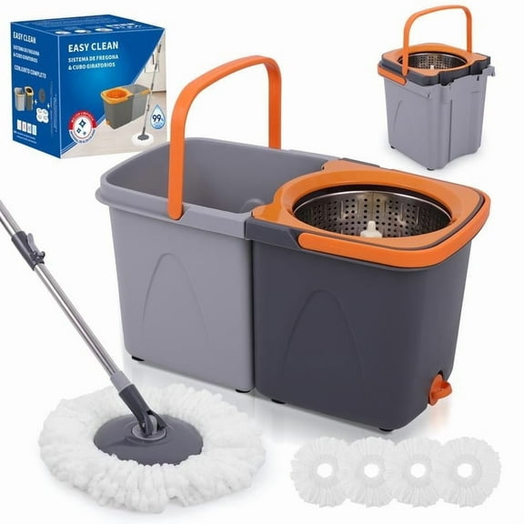 MRSUNKI 360° Spin Mop and Bucket Set, Detachable Double Buckets Separate Dirty Water with Stainless Steel Wringer for Floor Cleaning, Cleaning Buckets with 4 Mop Head Replacements for Household Use
