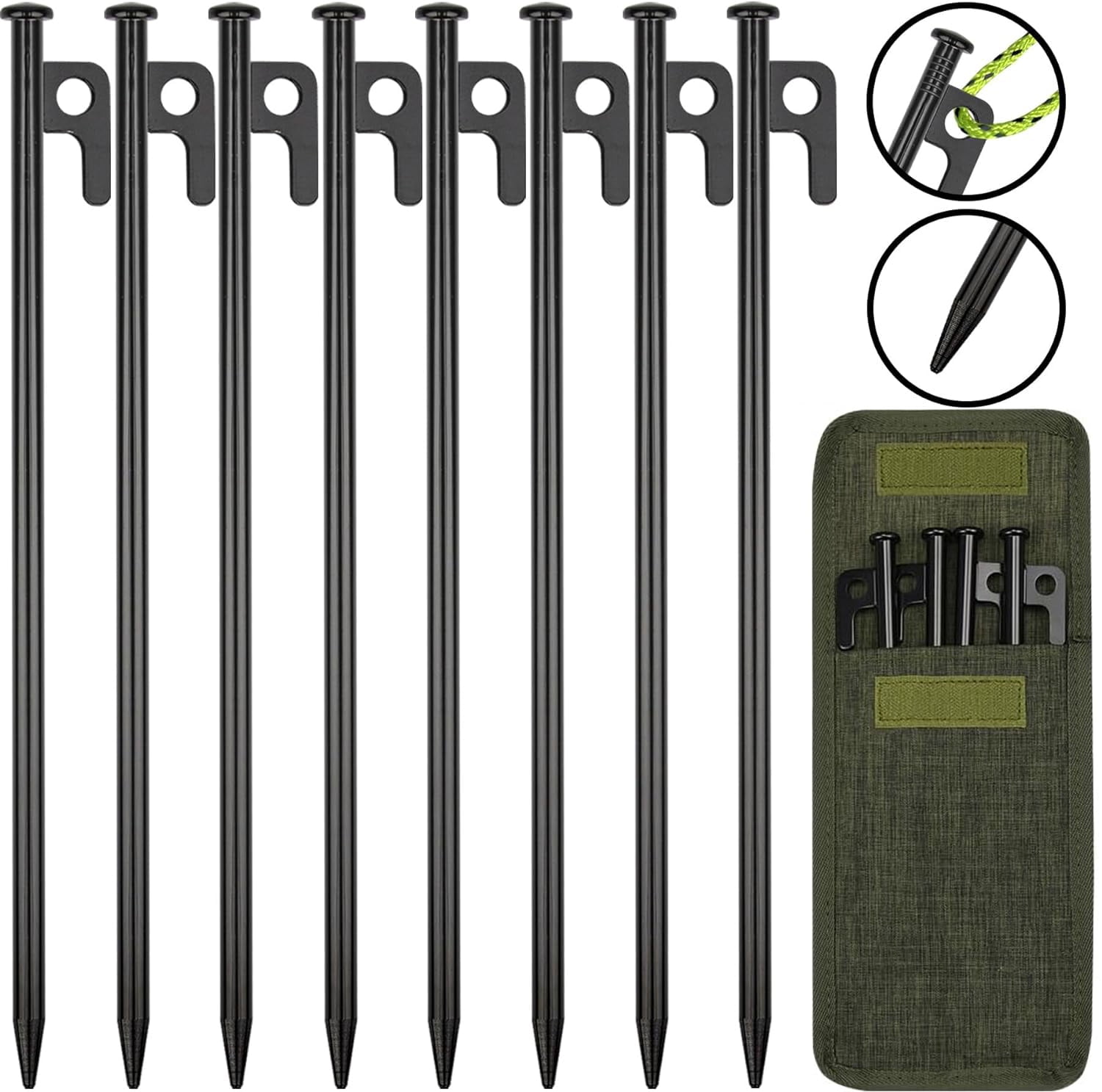 MRSXXNTY 8 Pack Tent Stakes, 12in Tent Stakes Heavy Duty with Storage Bag, Forged Steel Tent Pegs for Camping Unbreakable and Inflexible(8pcs 12in Stakes)