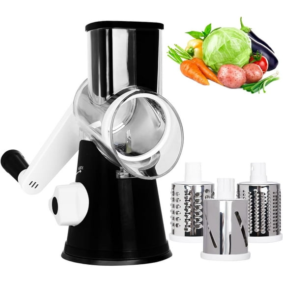 MRSXXNTY Cheese Grater, Manual Cheese Grater with Handle, Mandoline Vegetables Slicer Cheese Shredder with Strong Suction Base, 3 Drum Blades Cheese Shredder Included, Black