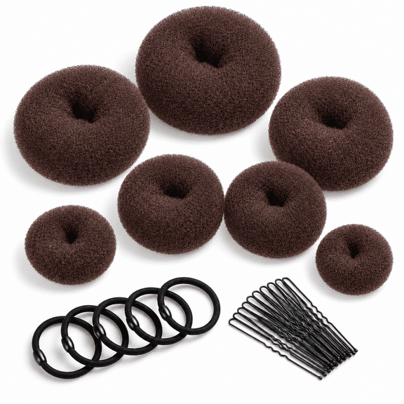 MRSXXNTY Donut Hair Bun Maker 7 Pieces,Ring Style Bun Maker Set with Hair Bun Makers (1 extra-large, 2 large, 2 medium and 2 small), 5 pieces Hair Elastic Bands, 20 pieces Hair Pins, Dark Brown
