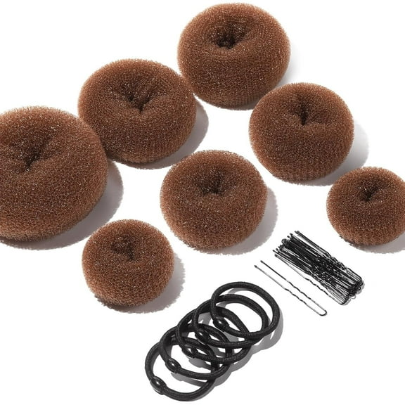 MRSXXNTY Donut Hair Bun Maker 7 Pieces,Ring Style Bun Maker Set with Hair Bun Makers (1 extra-large, 2 large, 2 medium and 2 small), 5 pieces Hair Elastic Bands, 20 pieces Hair Pins, Light Brown