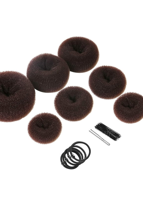Donut Hair Bun Maker 7 Pieces,Ring Style Bun Maker Set with Hair Bun Makers (1 extra-large, 2 large, 2 medium and 2 small), 5 pieces Hair Elastic Bands, 20 pieces Hair Pins, Dark Brown