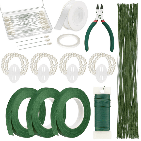MRSXXNTY Floral Tape and Floral Wire Arrangement Tool Kit with Green Floral Tape, Floral Wire, Boutonniere Flower pin, Wire Cutter, White Ribbon and Elastic Pearl Wrist Corsage Bands for Bouquets