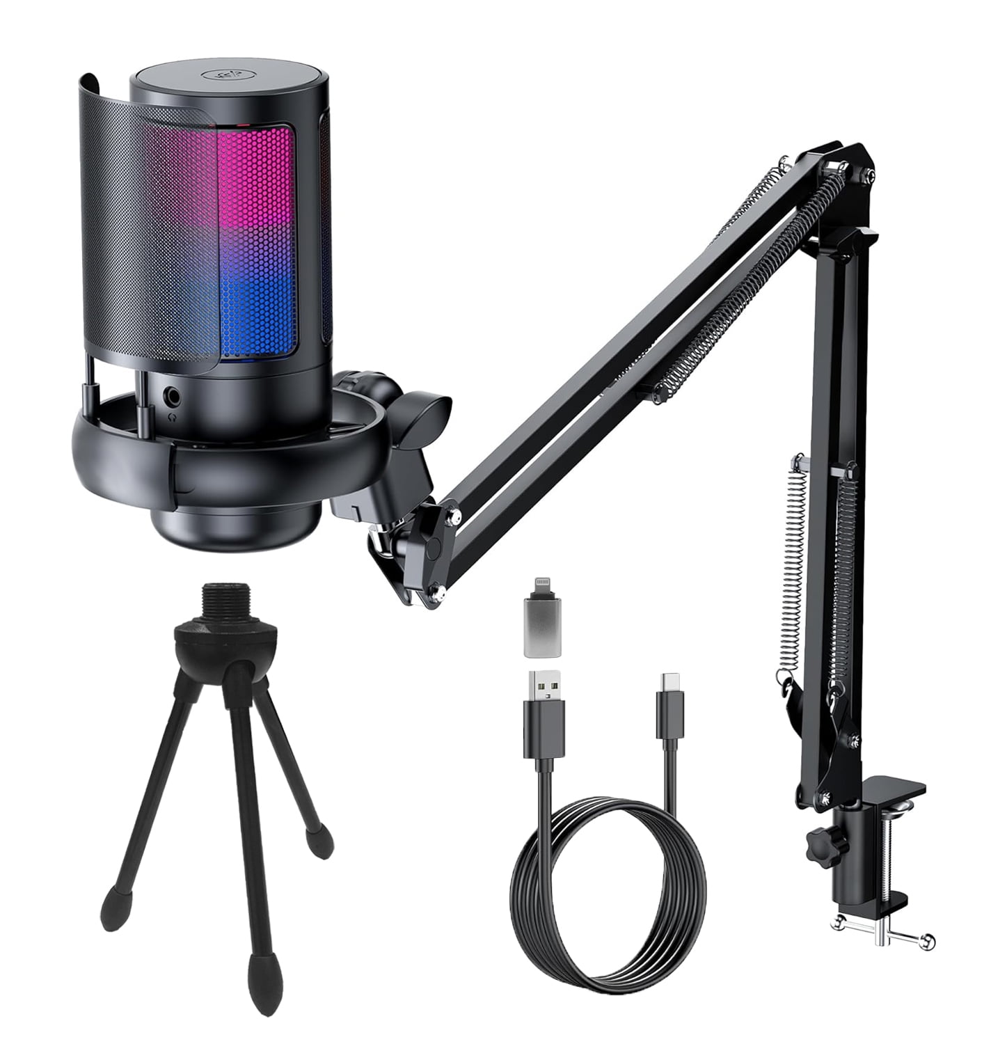 MRSXXNTY Gaming PC USB Microphone, Podcast Condenser Mic with Boom Arm, Pop Filter, Mute Button for Streaming, Twitch, Online Chat, RGB Computer Mic for PS4/5 PC Gamer Youtuber-AmpliGame A6T