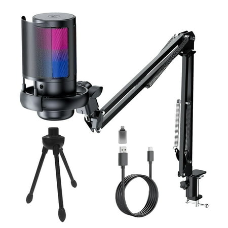 MRSXXNTY Gaming PC USB Microphone, Podcast Condenser Mic with Boom Arm, Pop Filter, Mute Button for Streaming, Twitch, Online Chat, RGB Computer Mic for PS4/5 PC Gamer Youtuber-AmpliGame A6T