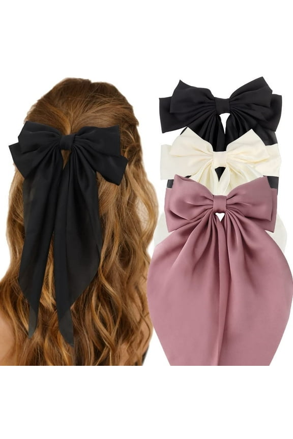 Hair Bow Silky Satin Hair Bows for Women 3Pcs Large Hair Ribbons Oversized Long Tail Bow Hair Clips Barrettes Metal Clips Bowknot Girls Hair Accessories--Black+White+Rose Pink