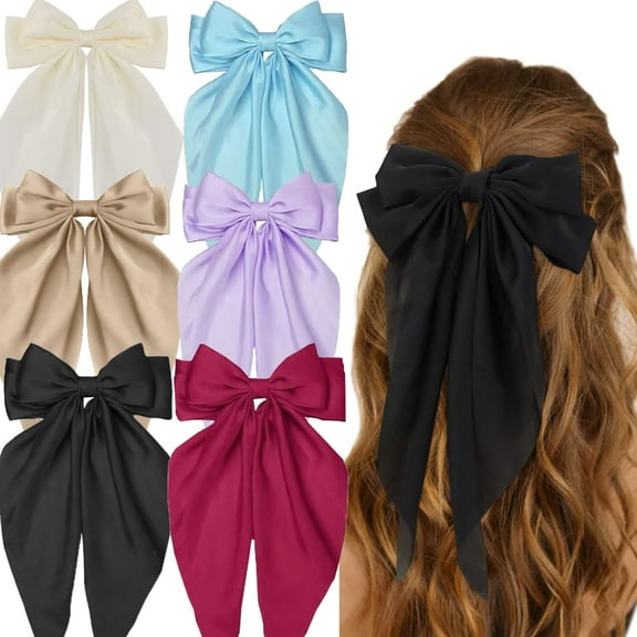 MRSXXNTY Hair Bow Silky Satin Hair Bows for Women 6Pcs Large Hair Ribbons Oversized Long Tail Bow Hair Clips Barrettes Metal Clips Bowknot Girls Hair Accessories--6 colors