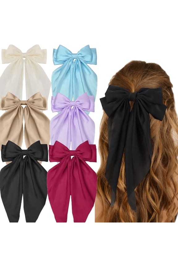 Hair Bow Silky Satin Hair Bows for Women 6Pcs Large Hair Ribbons Oversized Long Tail Bow Hair Clips Barrettes Metal Clips Bowknot Girls Hair Accessories--6 colors