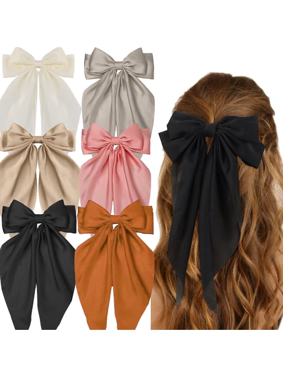Hair Bow Silky Satin Hair Bows for Women 6Pcs Large Hair Ribbons Oversized Long Tail Bow Hair Clips Barrettes Metal Clips Bowknot Girls Hair Accessories