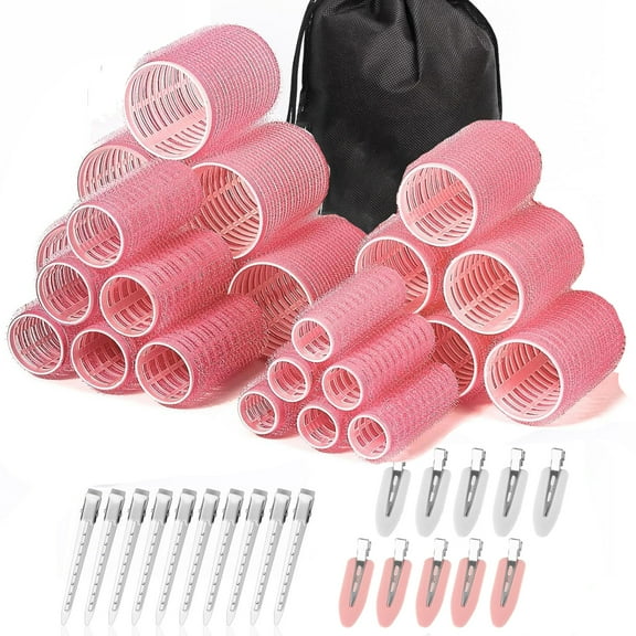 MRSXXNTY Rollers Hair Curlers 44 Pcs Set with 24Pcs Hair Rollers 4 Sizes (6 Jumbo Rollers/6 Large Rollers/6 Medium Rollers/6 Small Rollers) 10 Pcs Hair Clips for Long Medium Short Hair - PINK