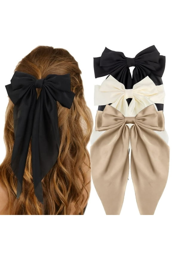 Hair Bow Silky Satin Hair Bows for Women 3Pcs Large Hair Ribbons Oversized Long Tail Bow Hair Clips Barrettes Metal Clips Bowknot Girls Hair Accessories--