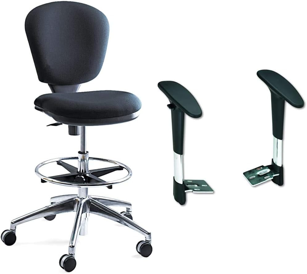 Black Adjustable Vinyl and Fabric Swivel Drafting Chair with Metal Frame