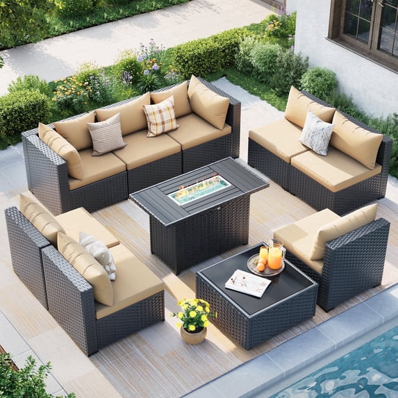 MRUAKA 10 Pieces Patio Conversation Set With Firepit, Outdoor Sectional PE Rattan Wicker Furniture Seat,Khaki