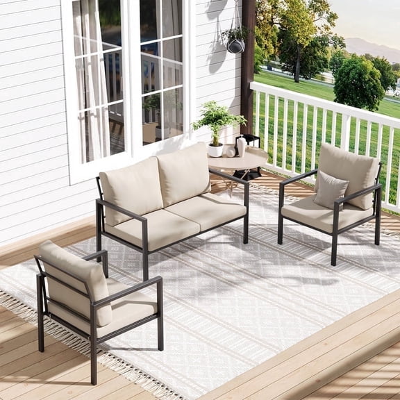 MRUAKA 3-Piece Outdoor Patio Conversation Set, Metal Frame Furniture Sofa with Armchairs & Coffee Table, Weather-Resistant Cushions for Balcony, Deck, Poolside Beige