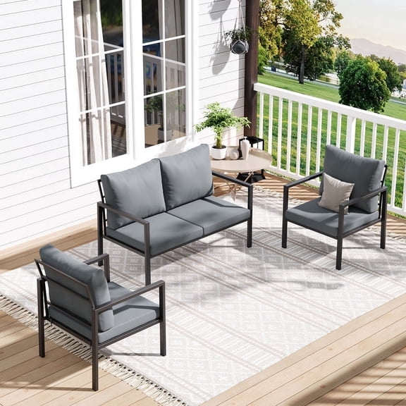 MRUAKA 3-Piece Outdoor Patio Conversation Set, Metal Frame Furniture Sofa with Armchairs & Coffee Table, Weather-Resistant Cushions for Balcony, Deck, Poolside Gray