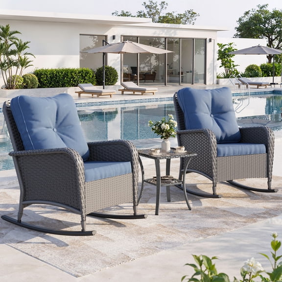 MRUAKA 3 Piece Patio Rocking Chair Set, Outdoor Rattan Wicker Patio Furniture with Side Table and Thick Cushions for Backyard Garden , Beige