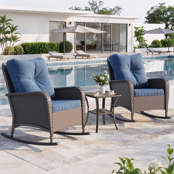 MRUAKA 3 Piece Patio Rocking Chair Set, Outdoor Brown Rattan Wicker Patio Furniture with Side Table and Thick Cushions for Backyard Garden , Navy