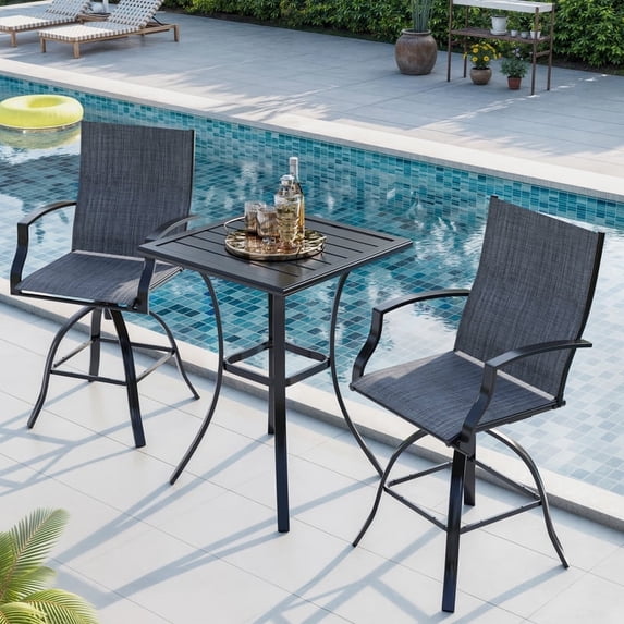 MRUAKA 3-Piece Patio Swivel Bar Set with 2 Oversize Gray Bar Stools and Metal Table