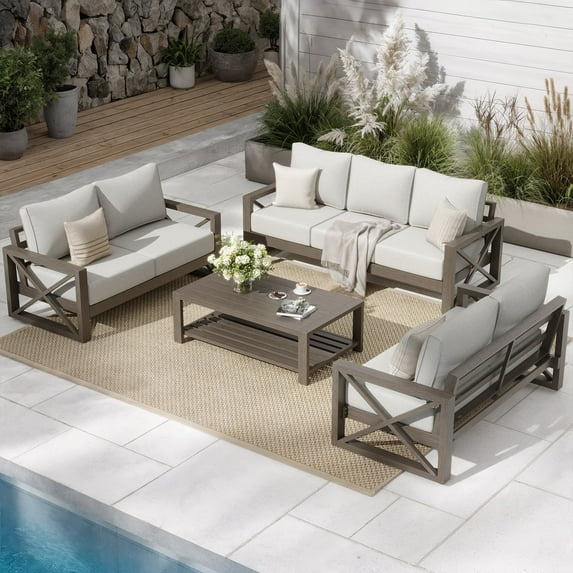 MRUAKA 4 Piece Faux Wood Aluminum Patio Furniture Set 7 Seats Modern Outdoor Furniture Patio Conversation Sets with Coffee Table for Balcony, Backyard, 600D Waterproof Cover Included, Light Grey