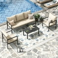 thumbnail image 1 of MRUAKA 4-Piece Outdoor Patio Conversation Set, Metal Frame Furniture Sofa with Armchairs & Coffee Table, Weather-Resistant Cushions for Balcony, Deck, Poolside Beige, 1 of 8