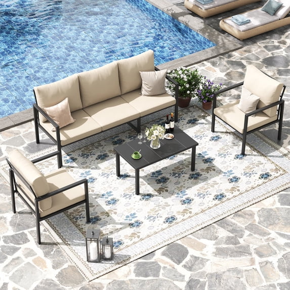 MRUAKA 4-Piece Outdoor Patio Conversation Set, Metal Frame Furniture Sofa with Armchairs & Coffee Table, Weather-Resistant Cushions for Balcony, Deck, Poolside Beige