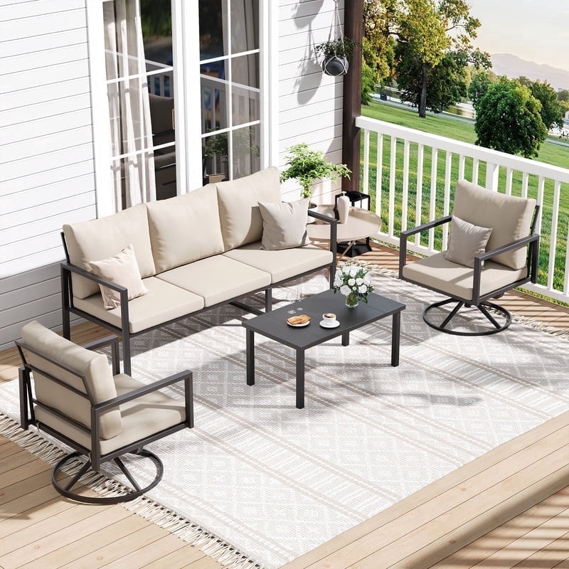 MRUAKA 4-Piece Outdoor Patio Conversation Set, Metal Frame Furniture Sofa with Armchairs & Coffee Table, Weather-Resistant Cushions for Balcony, Deck, Poolside Beige