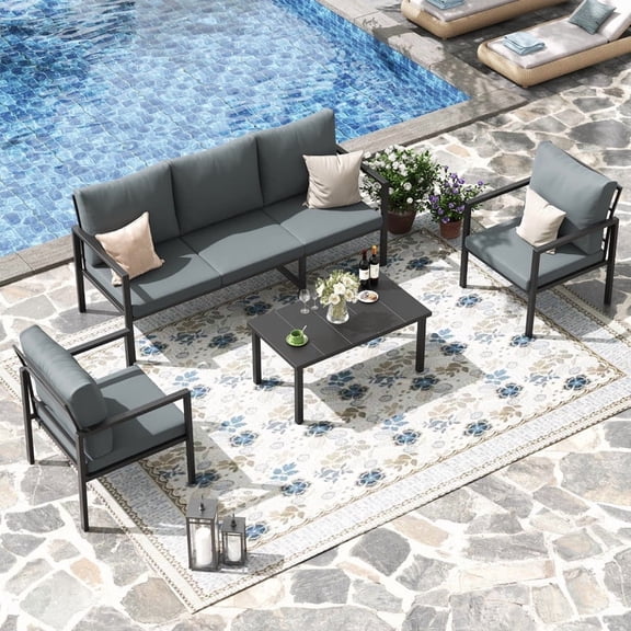 MRUAKA 4-Piece Outdoor Patio Conversation Set, Metal Frame Furniture Sofa with Armchairs & Coffee Table, Weather-Resistant Cushions for Balcony, Deck, Poolside Gray